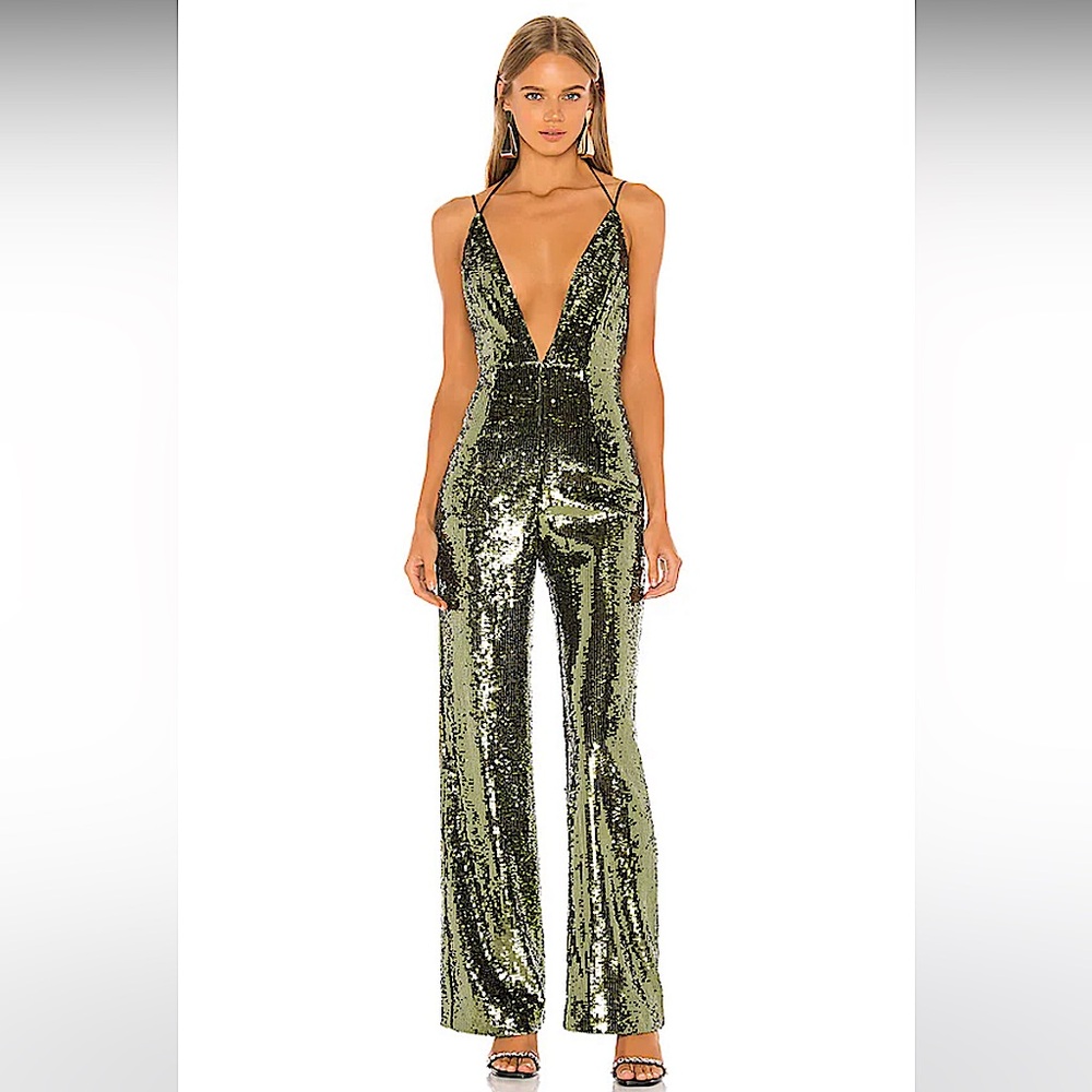 Camila Coelho Green Metallic Jumpsuit with Deep V-Neck